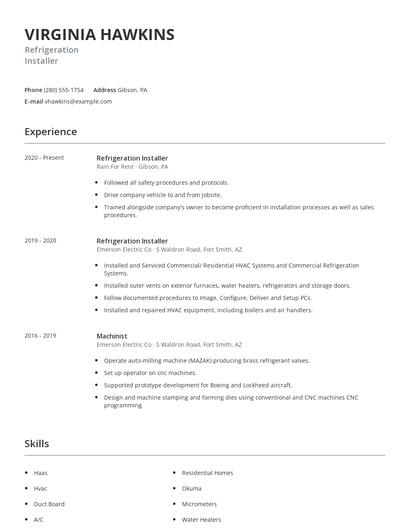 Refrigeration Installer Resume