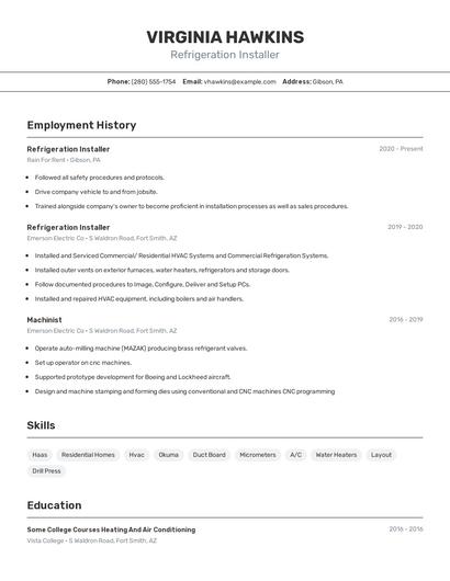 Refrigeration Installer Resume