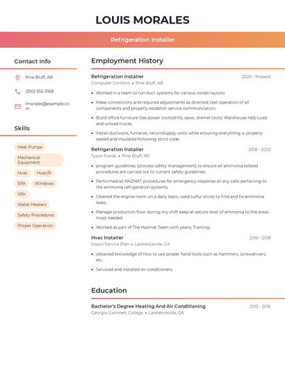 Refrigeration Installer Resume