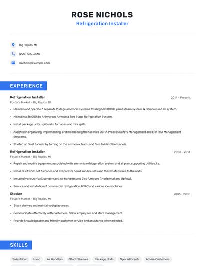 Refrigeration Installer Resume