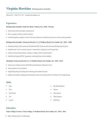 Refrigeration Installer Resume