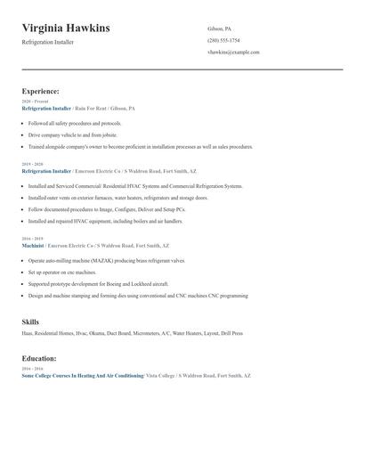 Refrigeration Installer Resume