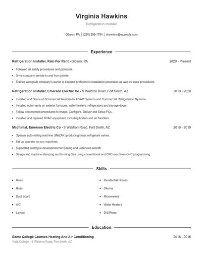 Refrigeration Installer Resume