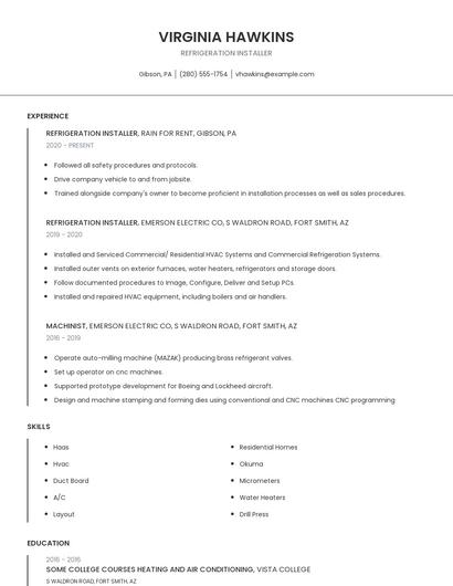 Refrigeration Installer Resume