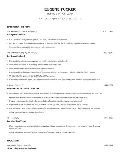 Refrigeration Lead Resume