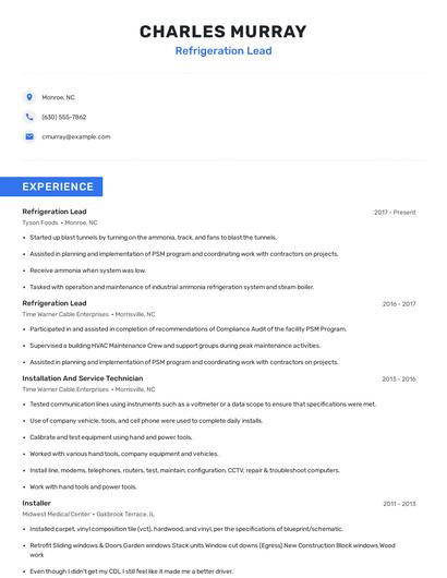Refrigeration Lead Resume