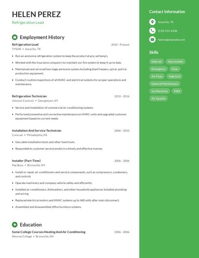 Refrigeration Lead Resume