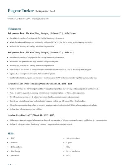 Refrigeration Lead Resume