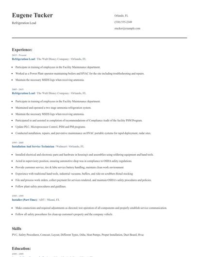 Refrigeration Lead Resume