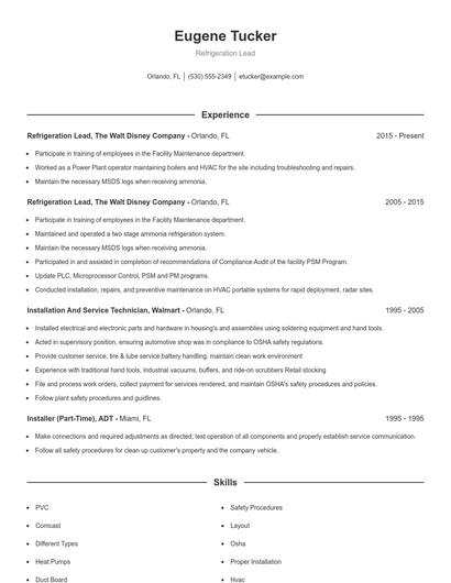 Refrigeration Lead Resume