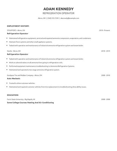 Refrigeration Operator Resume
