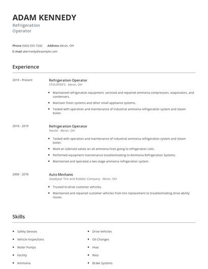Refrigeration Operator Resume