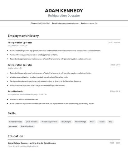Refrigeration Operator Resume