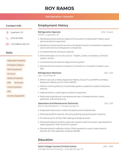 Refrigeration Operator Resume
