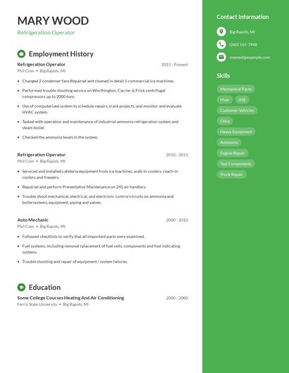 Refrigeration Operator Resume