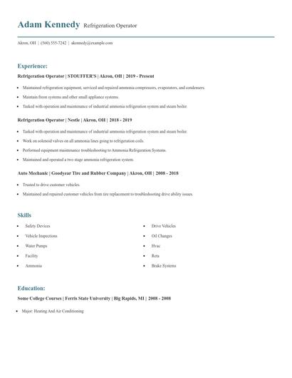 Refrigeration Operator Resume
