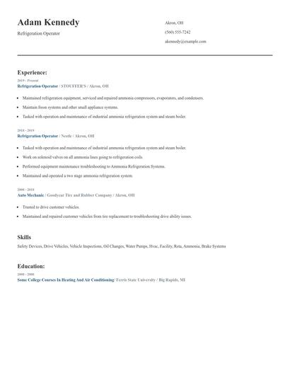 Refrigeration Operator Resume