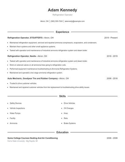 Refrigeration Operator Resume