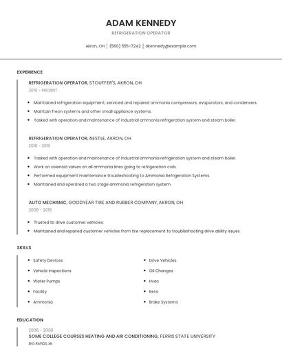 Refrigeration Operator Resume