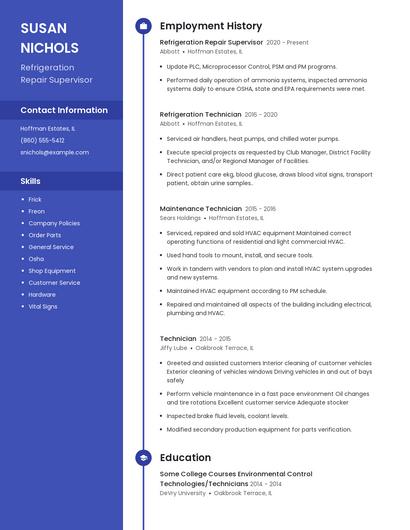 Refrigeration Repair Supervisor Resume