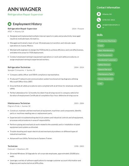 Refrigeration Repair Supervisor Resume