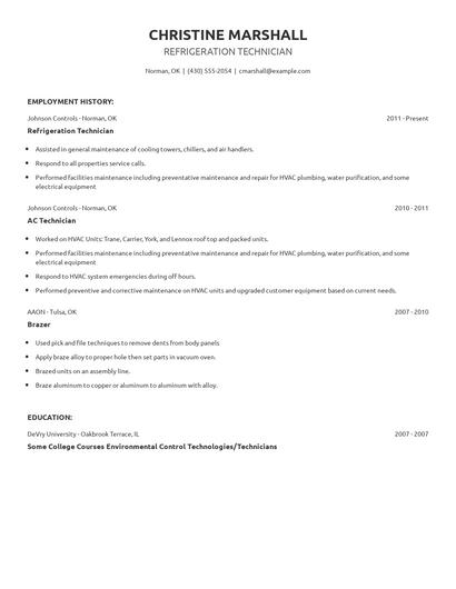 Refrigeration Technician Resume