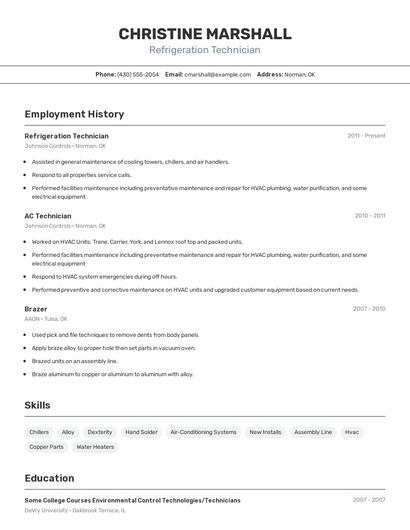 Refrigeration Technician Resume