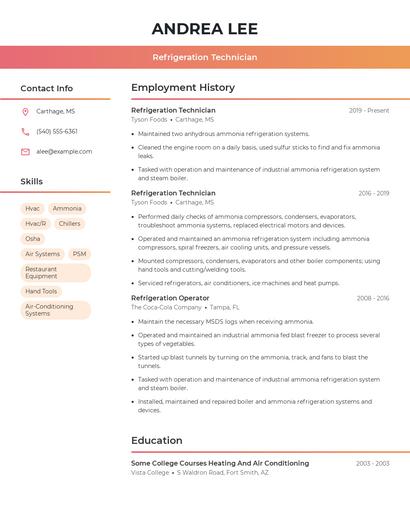 Refrigeration Technician Resume