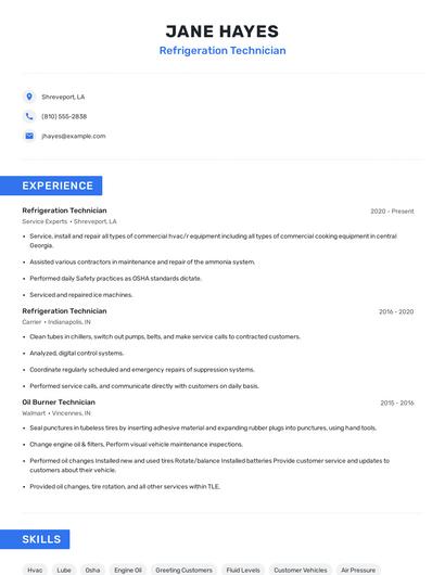 Refrigeration Technician Resume
