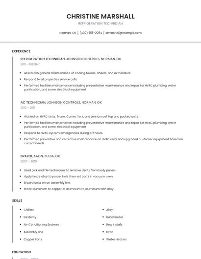 Refrigeration Technician Resume