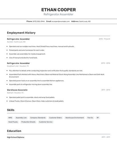 Refrigerator Assembler Resume