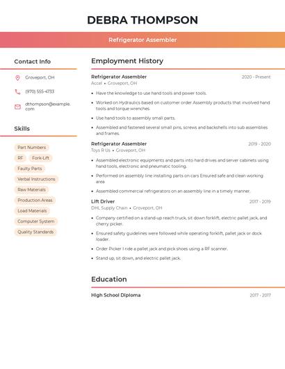 Refrigerator Assembler Resume