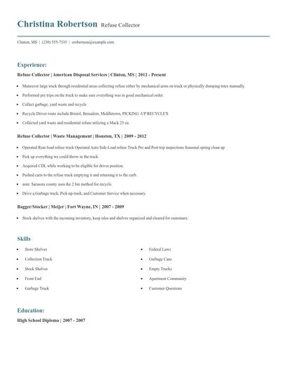 Refuse Collector Resume