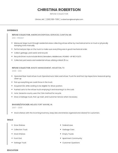 Refuse Collector Resume
