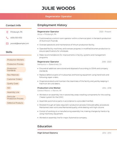 Regenerator Operator Resume