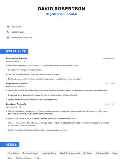 Regenerator Operator Resume