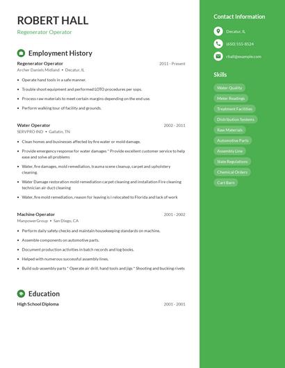 Regenerator Operator Resume