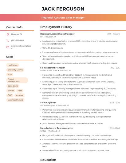 Regional Account Sales Manager Resume