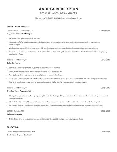 Regional Accounts Manager Resume