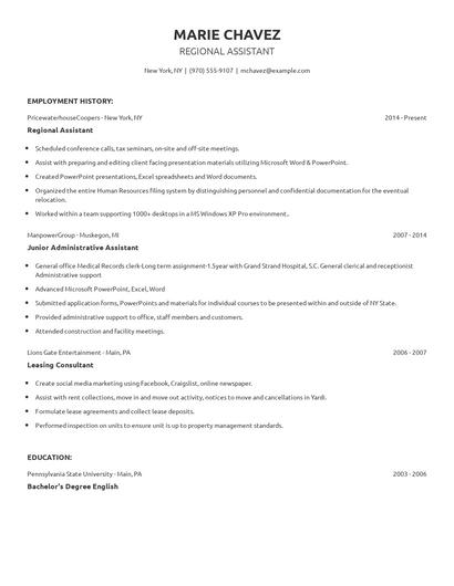 Regional Assistant Resume