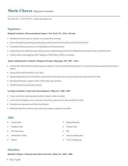 Regional Assistant Resume