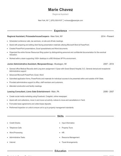 Regional Assistant Resume
