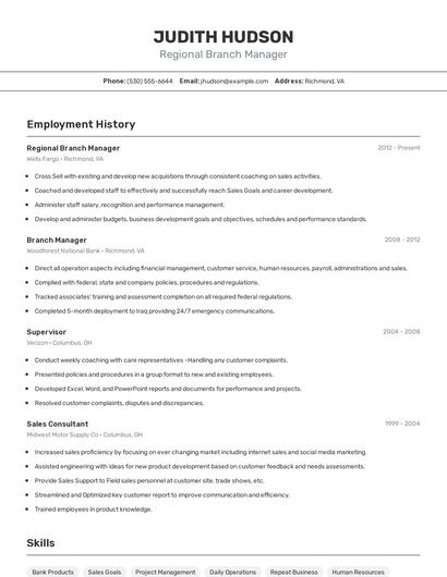 Regional Branch Manager Resume