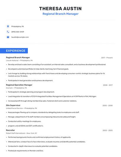 Regional Branch Manager Resume