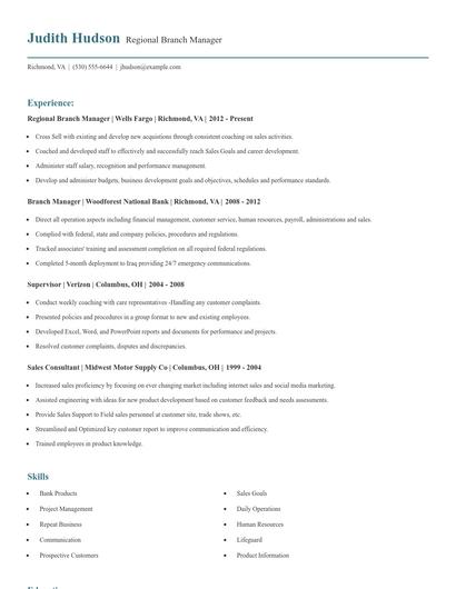 Regional Branch Manager Resume