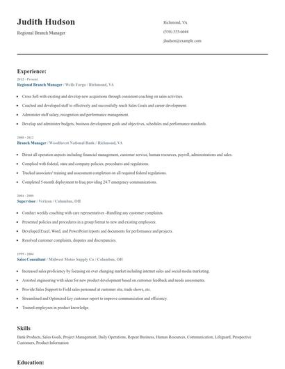 Regional Branch Manager Resume