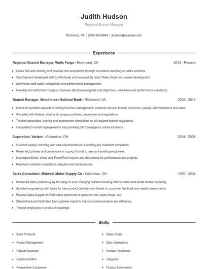 Regional Branch Manager Resume