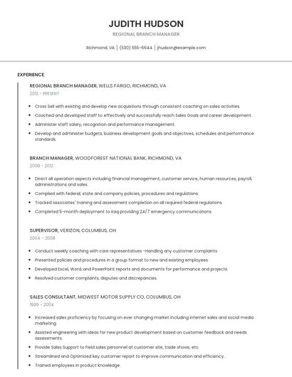 Regional Branch Manager Resume