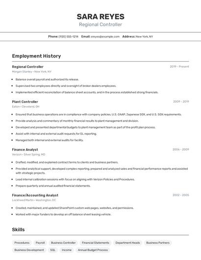 Regional Controller Resume
