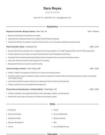 Regional Controller Resume